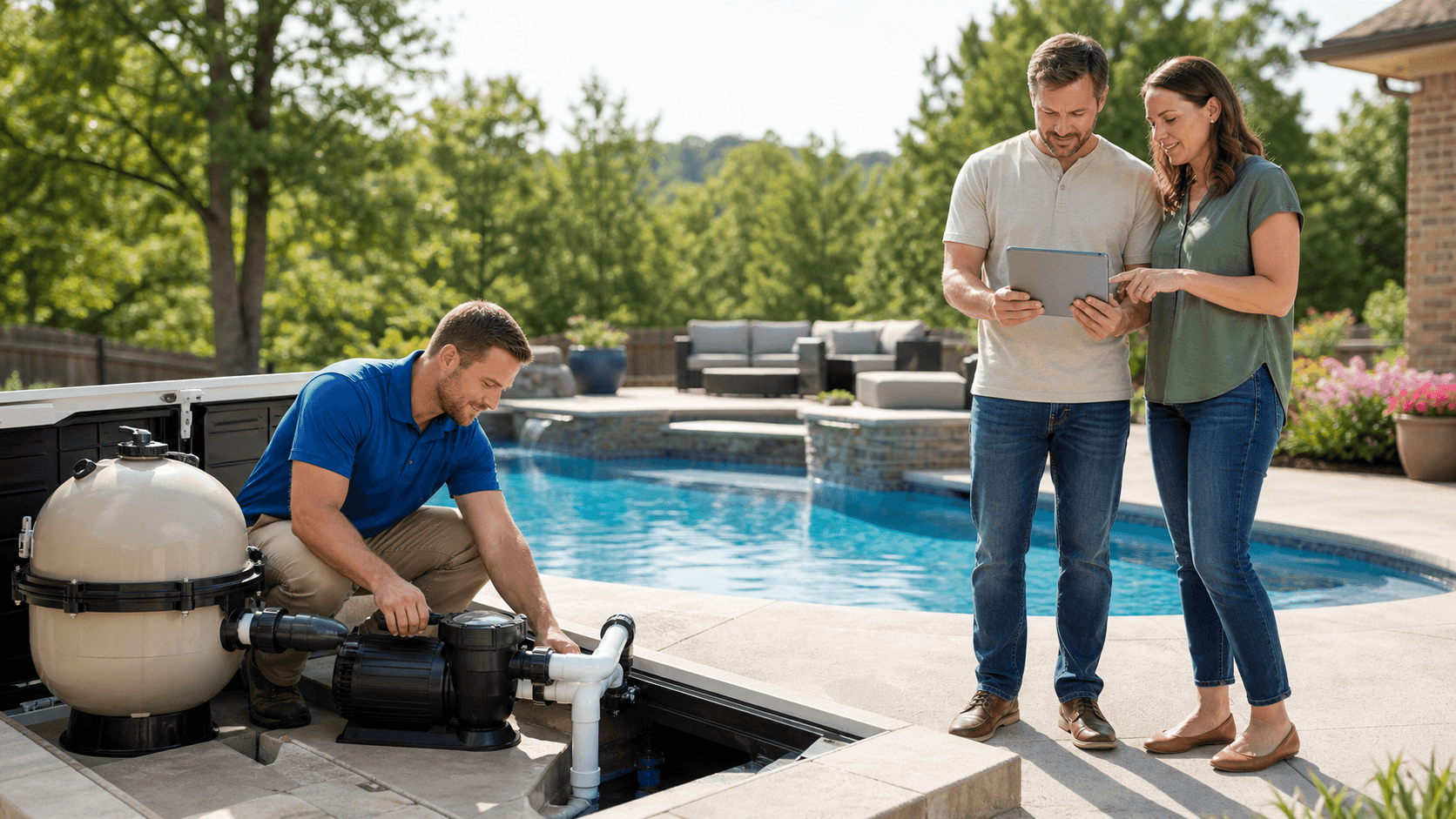 Split-screen graphic showing utility bills beside a sunlit backyard pool with modern equipment.