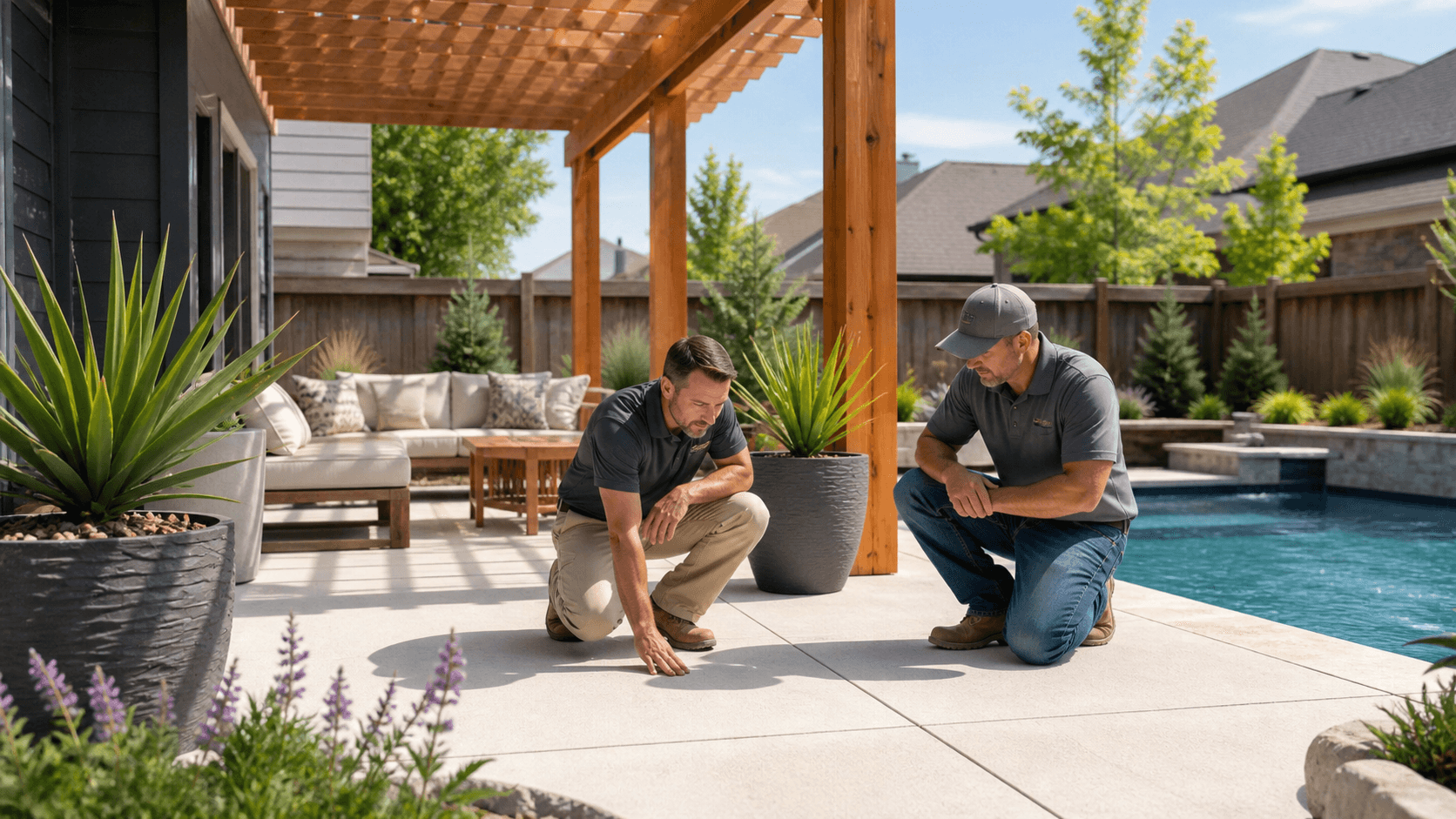 Sunlit concrete patio with pale gray pavers, shaded seating, potted greenery, and a bright blue sky.