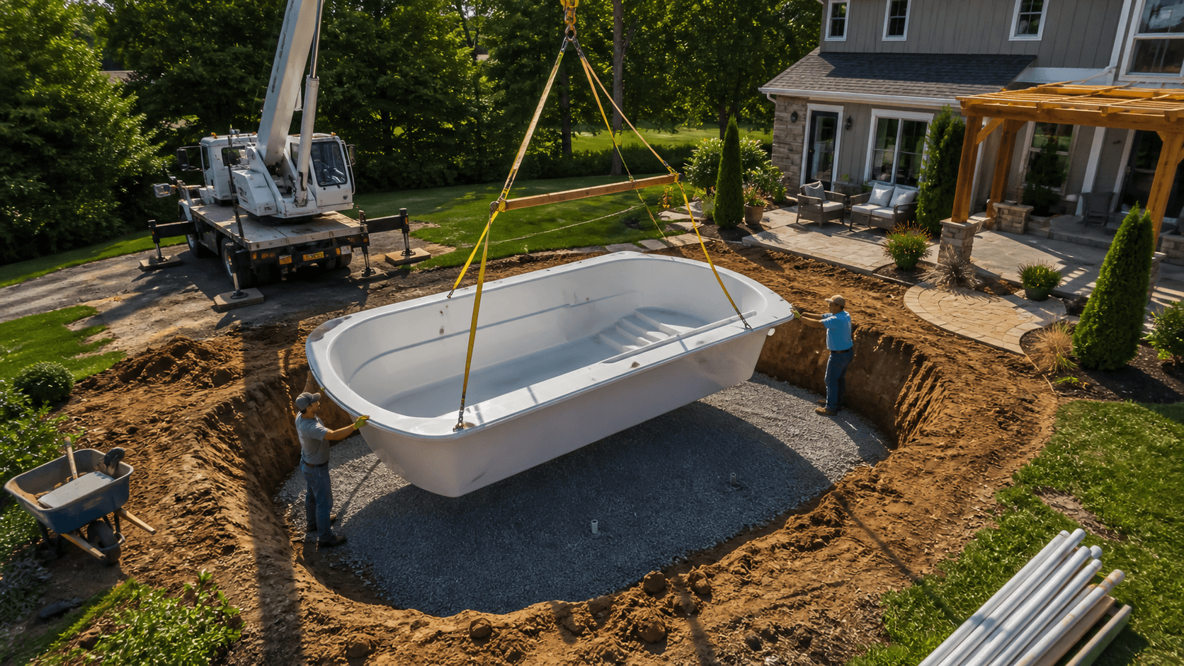 A blue fiberglass pool shell is lowered by crane into a sunny excavated backyard.