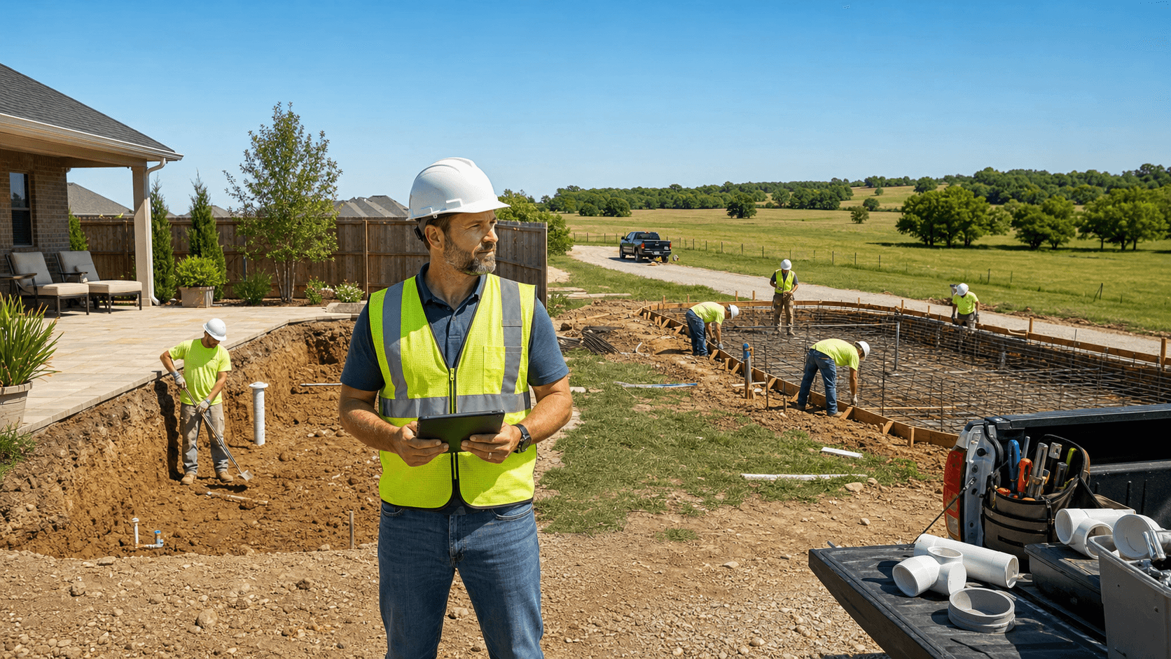 Split view of a modern backyard pool and a rural field site plan, in bright daylight with blue water and green grass